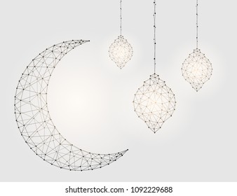 A Crescent moon, lamps in glitter lines and triangles connecting the starry sky network. Vector illustration EPS 10.