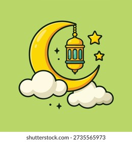 Crescent Moon with Lantern and Clouds Ramadan Cartoon