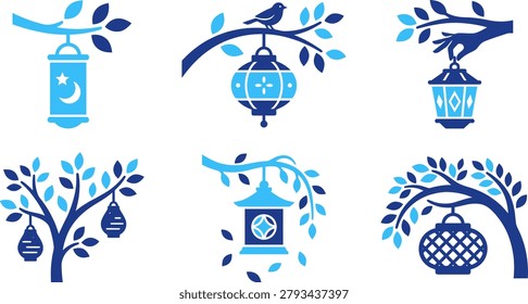 Crescent moon lantern, floral patterned lantern, diamond patterned lantern, traditional Japanese lantern, bird on branch, tree.