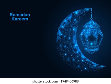 A crescent moon with a lantern hanging from it. A Muslim holy holiday. Low-poly construction of lines and dots. Blue background.