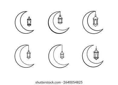 crescent moon with lantern icon line art vector illustration