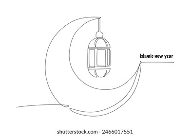Crescent moon and lantern. Islamic new year concept one-line drawing