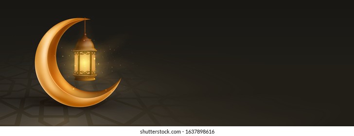 Crescent moon and lantern ramadan kareem islamic banner with copy space background illustration vector