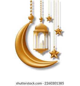 Crescent moon, lantern and star hanging in 3d golden color. Decorative vector elements for Muslim holidays. Isolated on a white background