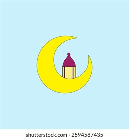 Crescent moon with lantern vector illustration on blue background. Ramadan light symbol concept