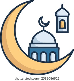 Crescent moon with lanterns and blue mosque, symbolizing Ramadan festivities.