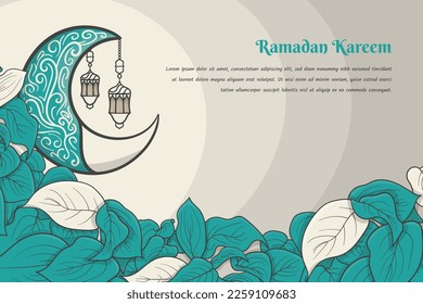 Crescent moon with leaf background design for ramadan kareem or eid mubarak template