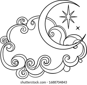 Crescent Mond, Blitzschrauben über die Tollwut. Tattoo-Stil. Vektorillustration-Illustration in Umrissen einzeln auf Weiß. 