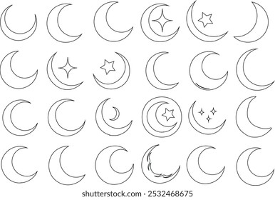 Crescent moon line art icon set, stars, celestial symbols, minimalistic design, vector set. Simple monochrome crescent shapes for astrology, moon phases, mystical, spiritual, and cosmic themes