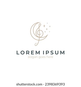 crescent moon line art illustration logo design with treble clef music
