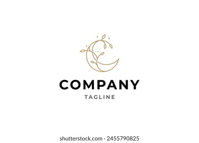 crescent moon line art logo design with plant combination