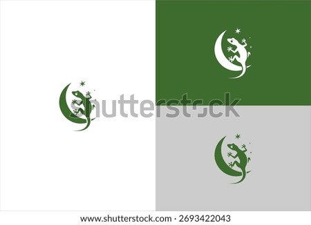 Crescent moon with lizard and stars, single color on various backgrounds