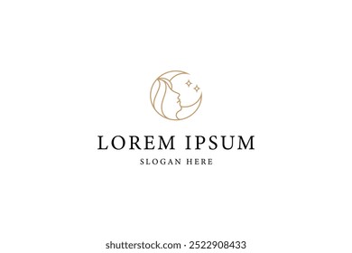 crescent moon logo with beautiful woman face in gold line art design style