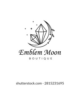 Crescent moon logo with crystal stones and stars in a line art design style that gives a magical and elegant impression.