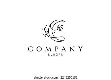 Crescent moon logo with decorated leaf plant in linear design style