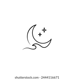 crescent moon logo design decorated with stars and waves in a minimalist line art design style