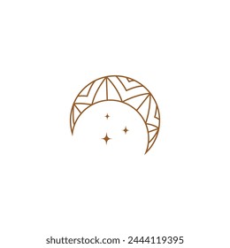 crescent moon logo design decorated with stars with pattern ornament in line art design style