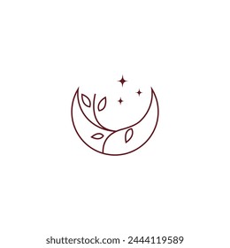 crescent moon logo design decorated with stars combination of plants in line art design style