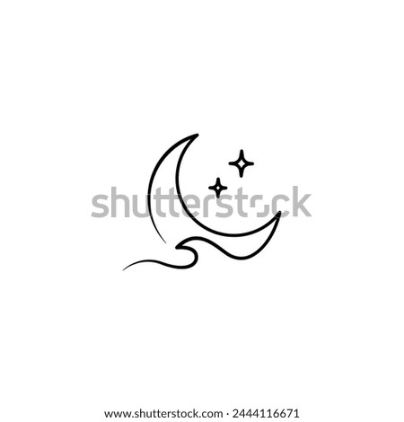 crescent moon logo design decorated with stars and waves in a minimalist line art design style