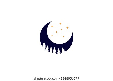 Crescent moon logo design with fir tree