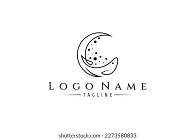 Crescent moon logo design with fish shape decorated with water bubbles in monoline design style