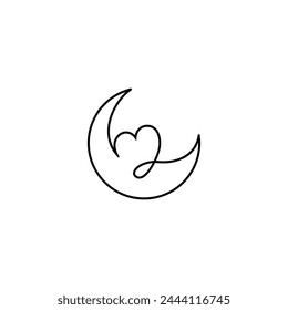 crescent moon logo design with love symbol in simple linear design style