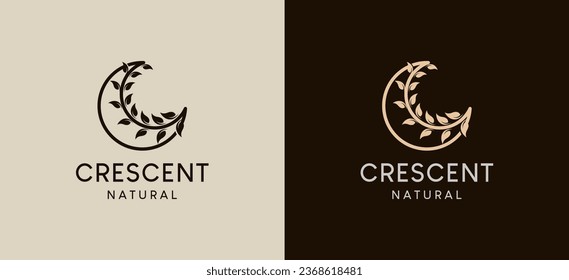 Crescent moon logo design with natural leaf line symbol