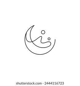 crescent moon logo design with wave combination in linear design style