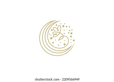 Crescent moon logo with flowers in continuous line design style