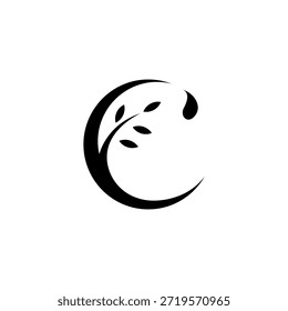 Halbmond-Logo mit Blattzweigen und -tropfen im flachen Vektordesign-Stil