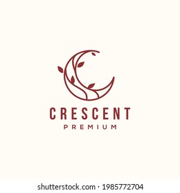 crescent moon logo with leaf icon. Trendy boho tree and luna design line icon vector in luxury elegant style. Flower moon outline concept