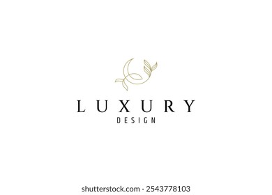 crescent moon logo with natural plant combination in gold luxury line art design style