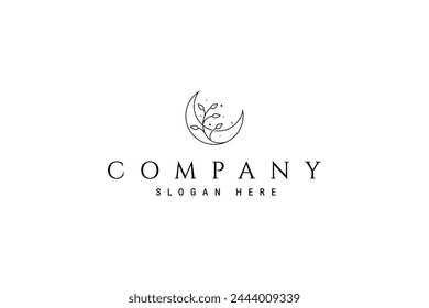 crescent moon logo with plant ornament in line art illustration design style