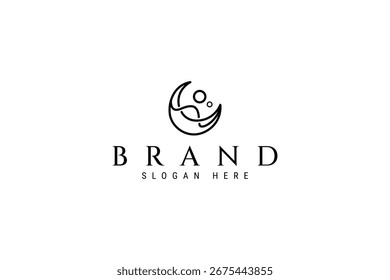 Crescent Moon Logo mit Wellen- und Blasenelementen im Line Art Design Stil