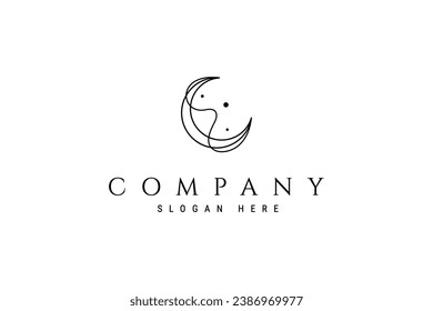crescent moon logo with waves combination in line art design style