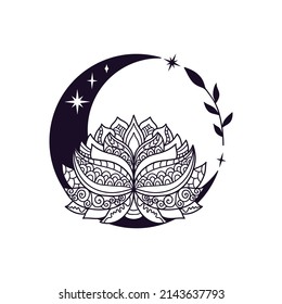 Crescent moon and lotus flower mystial symbol with moon phases. Lunar celestial tattoo design. Occult graphic vector illustration isolated. 