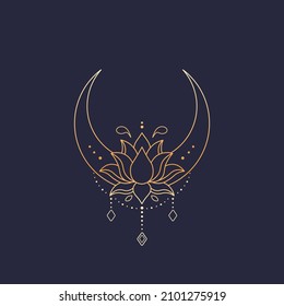 Crescent moon and lotus flower. Vibrant glowing mystic vector illustration on dark background. Celestial line art. Ethnic esoteric elements. Use for astrology, tarot poster, boho t-shirt print, logo.