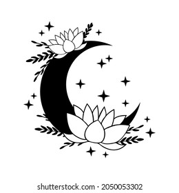 crescent moon with lotus and stars
