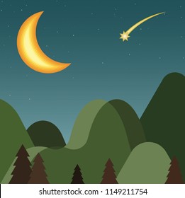 crescent moon and lucky shooting falling star in bright blue night dark and tiny stars over the green mountain forest and pine tree
