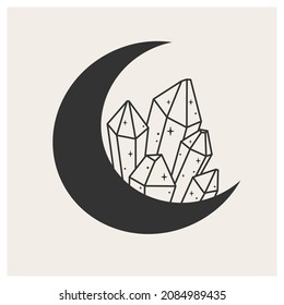 Crescent moon with magic crystals. Mystical symbol. Celestial object. Good for design of magic and spiritual shops and goods, tattoos, design of clothes and stationery. Vector illustration.