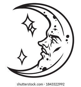 Crescent moon with male face and stars in vintage monochrome style isolated vector illustration