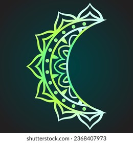 Crescent moon with mandala pattern in green and blue hue color vector illustration