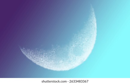 Crescent moon with many moon surface details with a blue sky background

