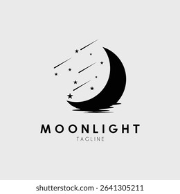 crescent moon with meteor shower vector logo design