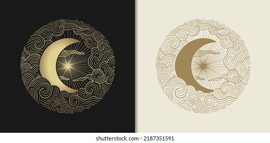 The crescent moon in the middle of the clouds. Vector illustration in engraving, hand drawn, luxury, esoteric, fit for spiritualist, religious, paranormal, tarot reader, astrologer or tattoo