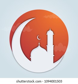 crescent moon with mosque and clouds on creative background for Islamic Festival celebration.