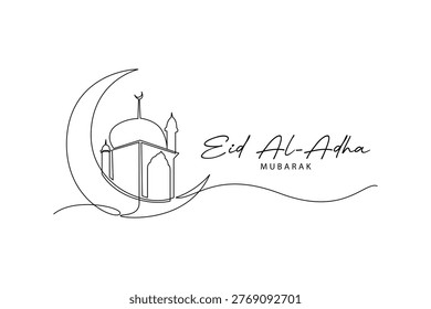 Crescent Moon Mosque Eid Mubarak Illustration. Eid Al adha Concept. Single line draw design .Vector Icon graphic illustration