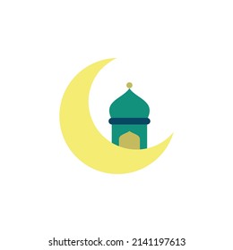 Concepto de icono plano de luna creciente y mezquita - Icono de Ramadán y Eid Mubarak Ilustración vectorial plana aislada en fondo blanco