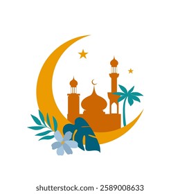 Crescent moon and mosque with flowers and leaves symbolizing Ramadan Kareem and Ied Mubarak.
