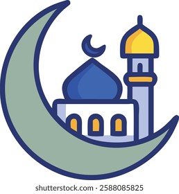 Crescent moon and mosque with golden dome representing Islamic devotion during Ramadan.